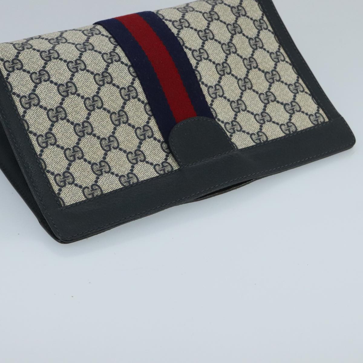 GUCCI GG Supreme Sherry Line Clutch Bag PVC Leather Navy Red Auth 98747