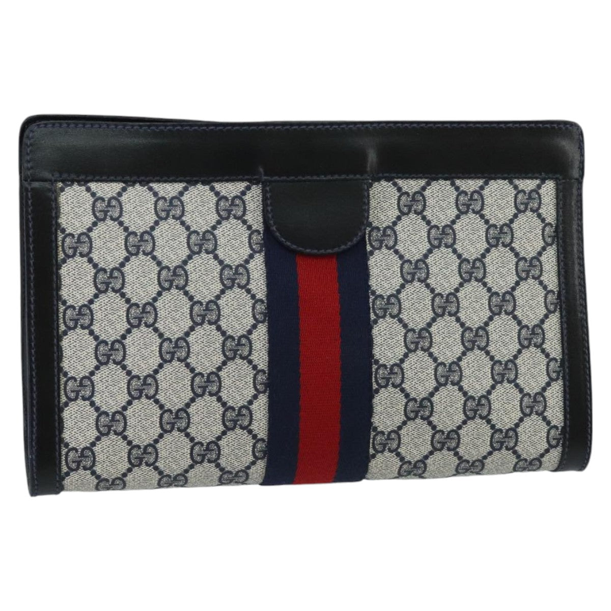 GUCCI GG Supreme Sherry Line Clutch Bag PVC Leather Navy Red Auth 98754