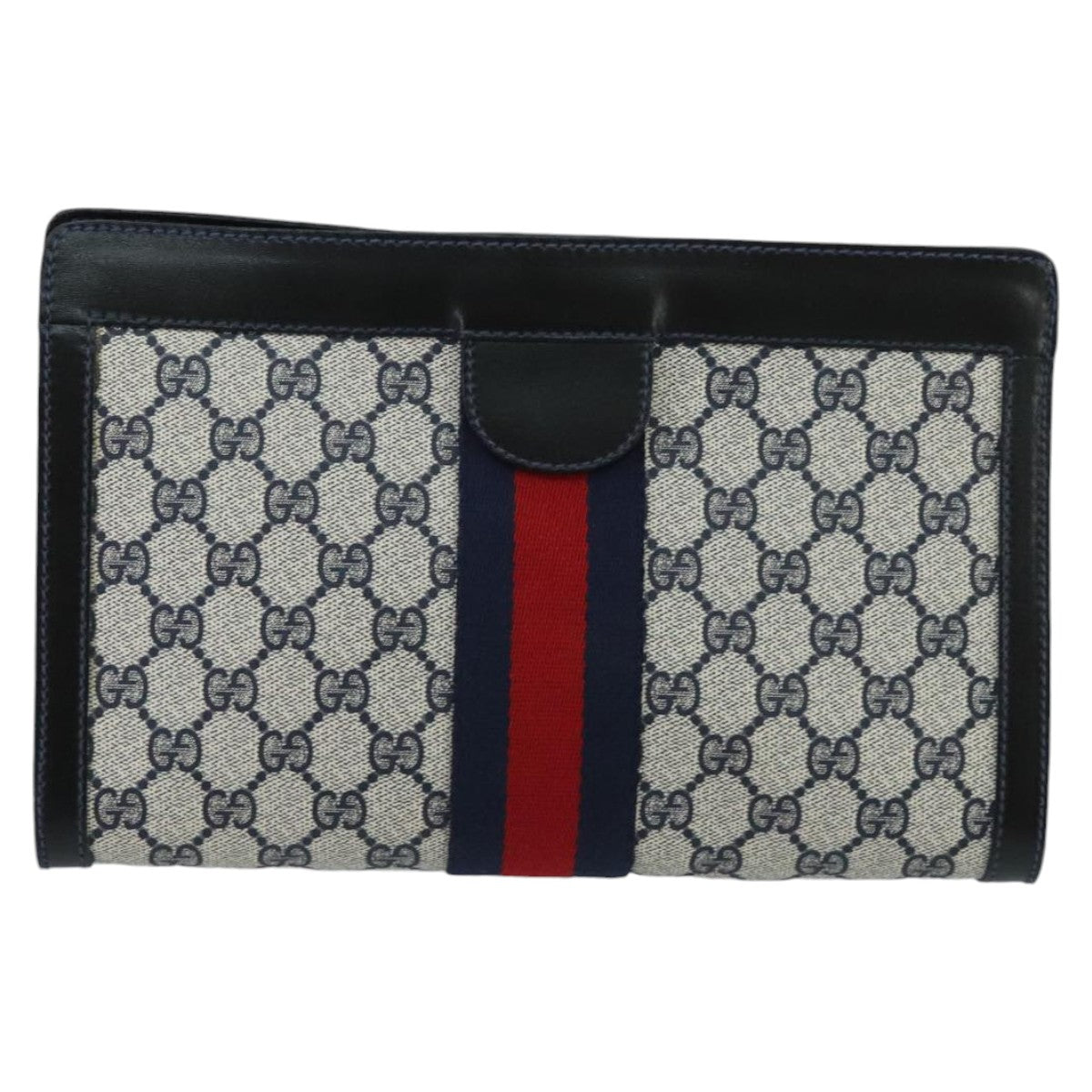 GUCCI GG Supreme Sherry Line Clutch Bag PVC Leather Navy Red Auth 98754 - 0