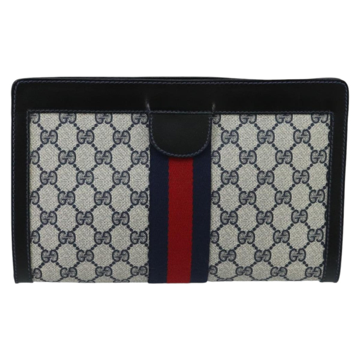 GUCCI GG Supreme Sherry Line Clutch Bag PVC Leather Navy Red Auth 98754