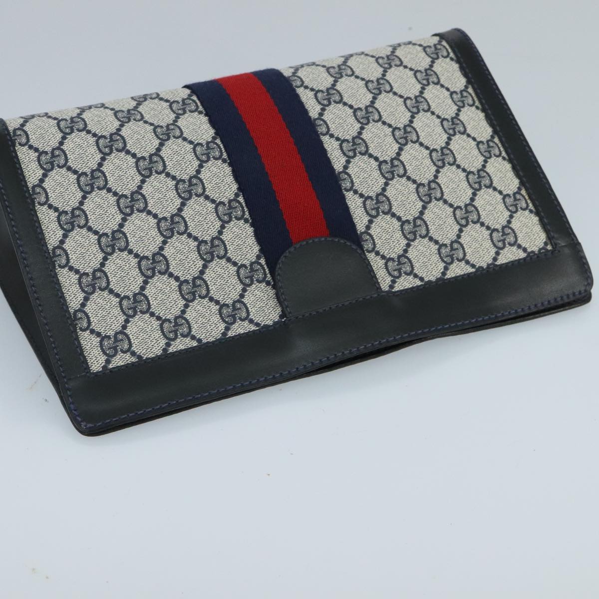 GUCCI GG Supreme Sherry Line Clutch Bag PVC Leather Navy Red Auth 98754