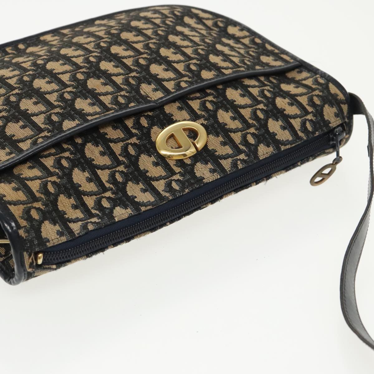 Christian Dior Trotter Canvas Shoulder Bag Navy Gold Auth 98776