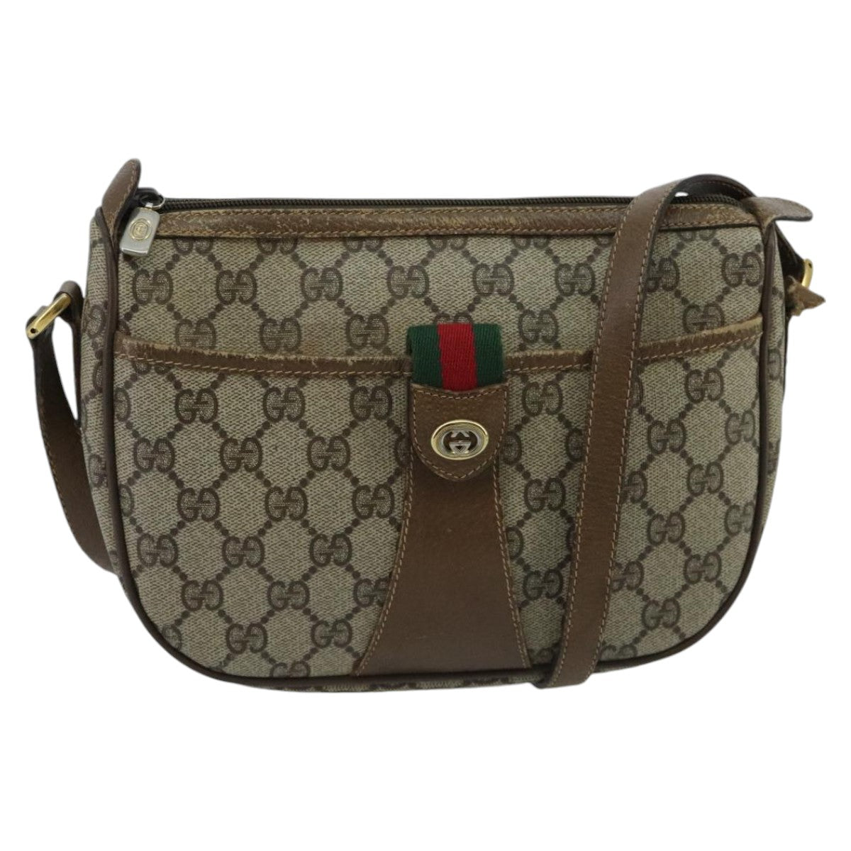 GUCCI GG Supreme Web Sherry Line Shoulder Bag PVC Beige Green Red Auth 98777