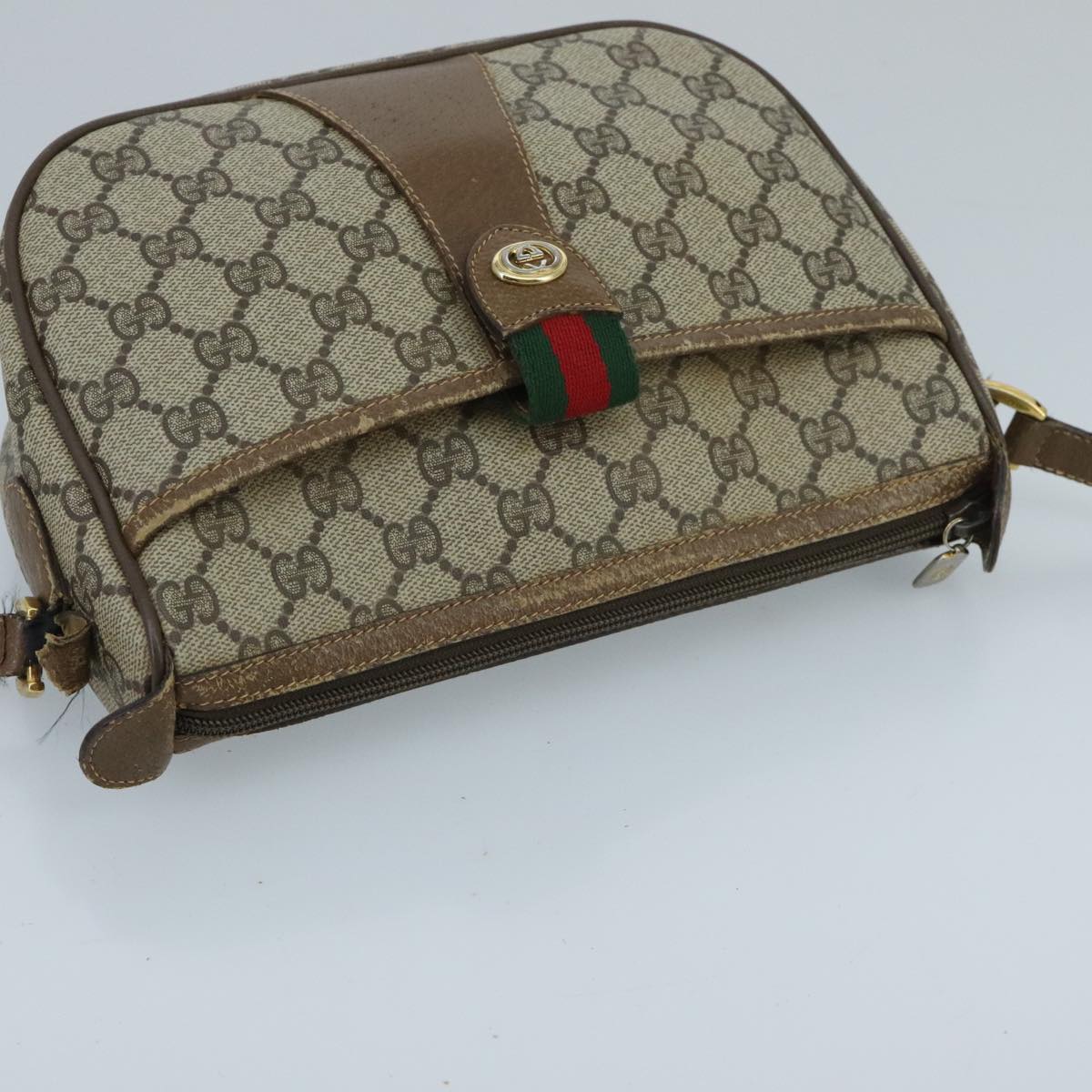 GUCCI GG Supreme Web Sherry Line Shoulder Bag PVC Beige Green Red Auth 98777