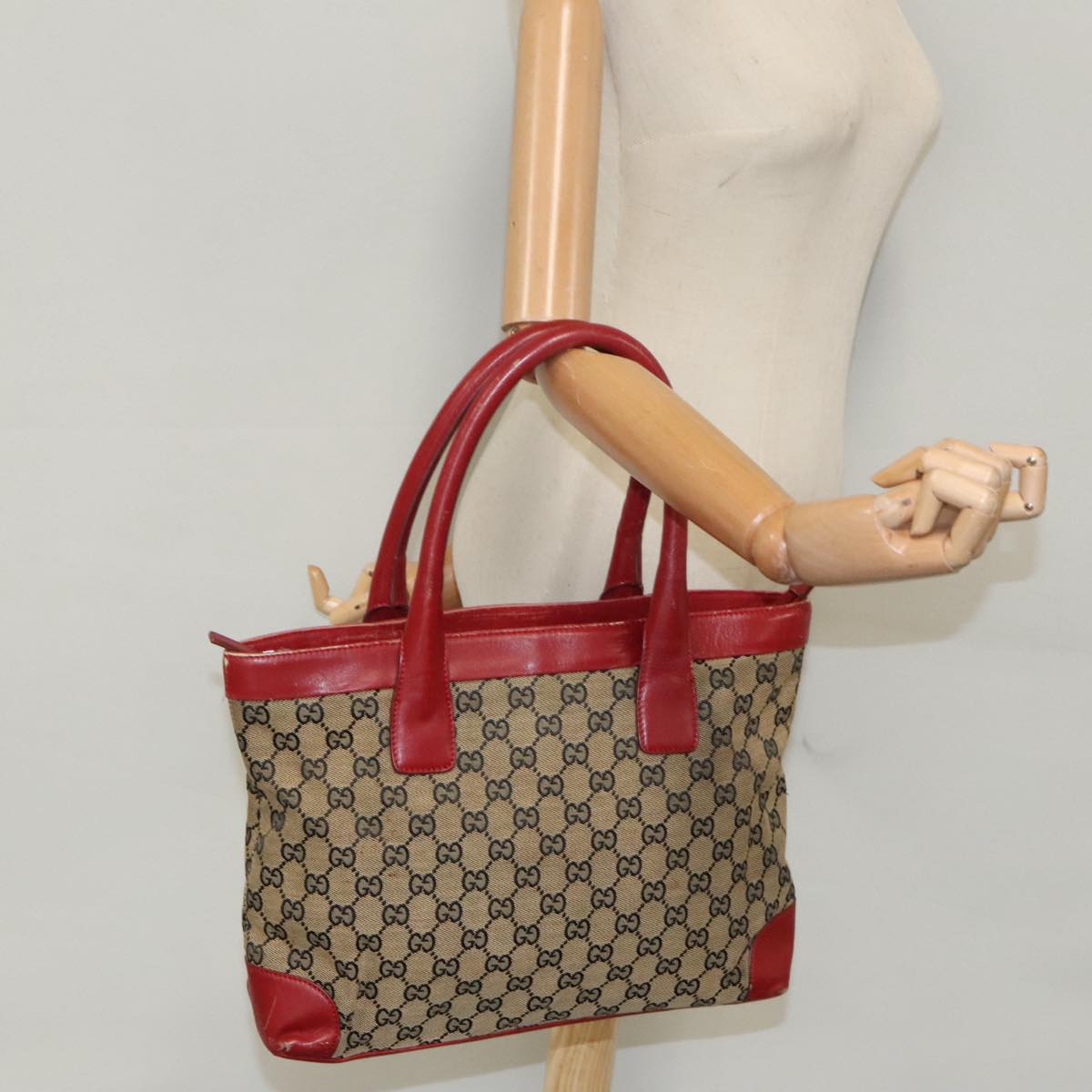 GUCCI GG Canvas Tote Bag Beige Silver Red 33890 Auth 98790