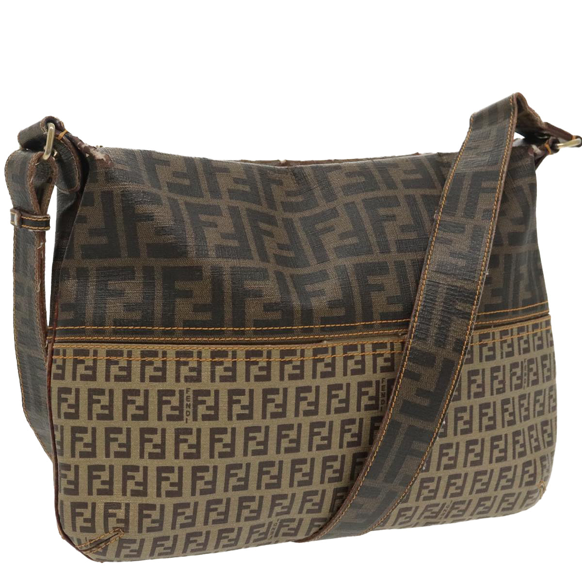 FENDI Zucca Canvas Zucchino Canvas Shoulder Bag Black Brown beige Auth 98795