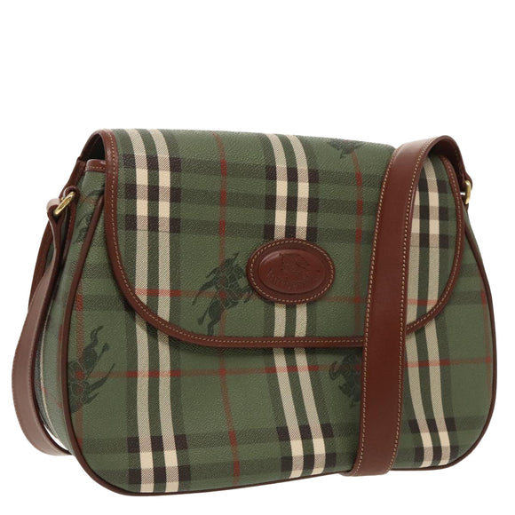 Burberrys Nova Check Shoulder Bag PVC Leather Green Gold Auth 98800V