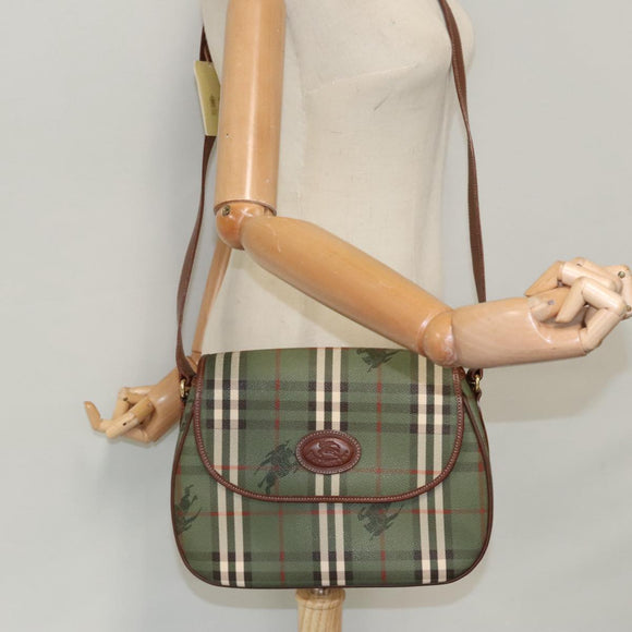 Burberrys Nova Check Shoulder Bag PVC Leather Green Gold Auth 98800V