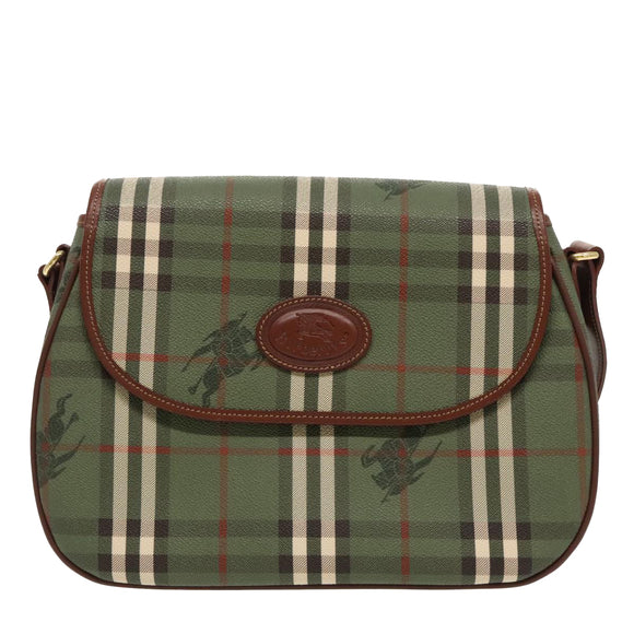 Burberrys Nova Check Shoulder Bag PVC Leather Green Gold Auth 98800V