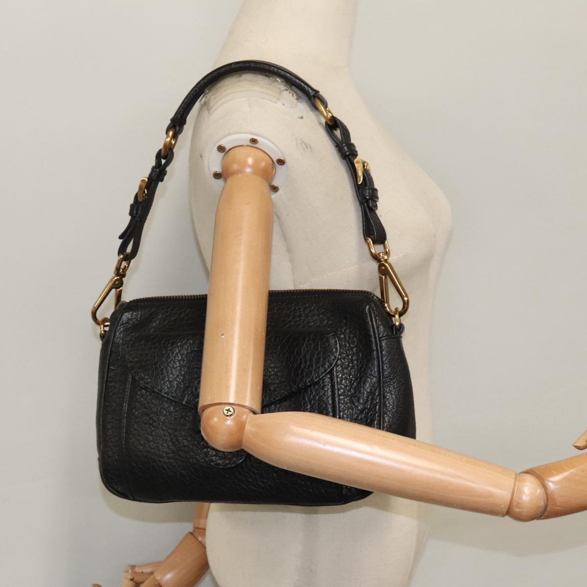 PRADA Shoulder Bag Leather Black Gold Auth 98808