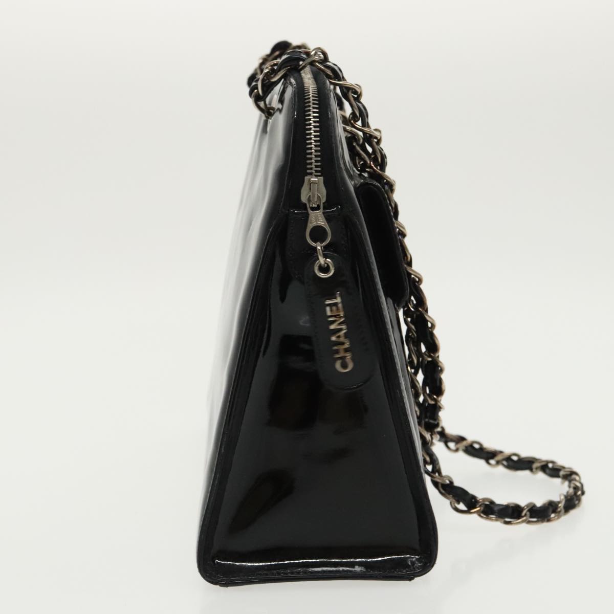 CHANEL Chain Shoulder Bag Enamel Black Silver CC Auth 98812