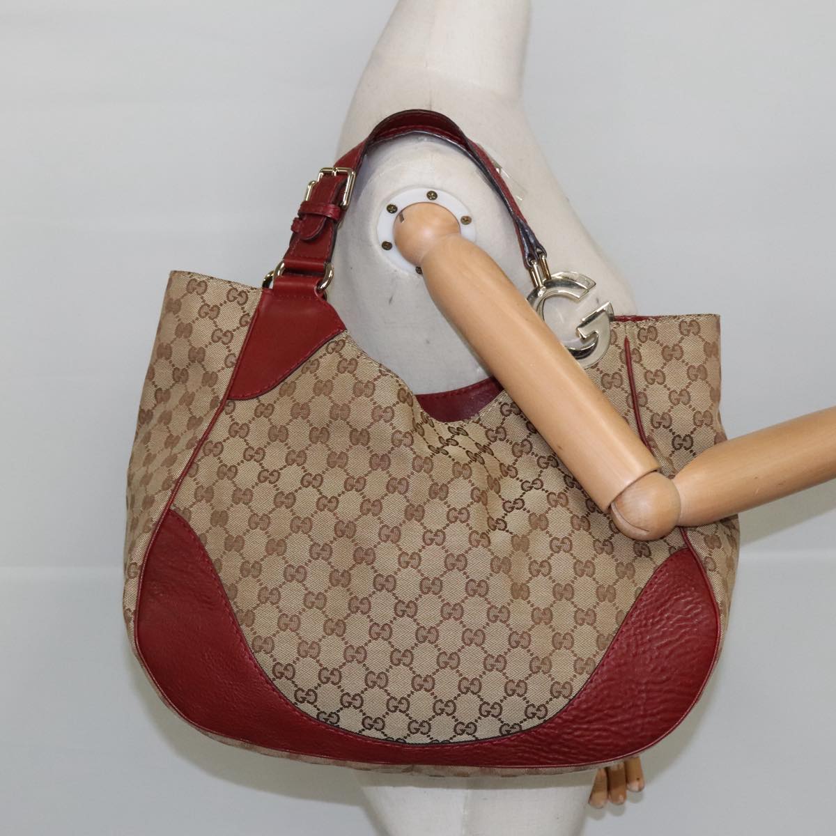 GUCCI GG Canvas Shoulder Bag Beige Bordeaux Gold 203504 Auth 98813