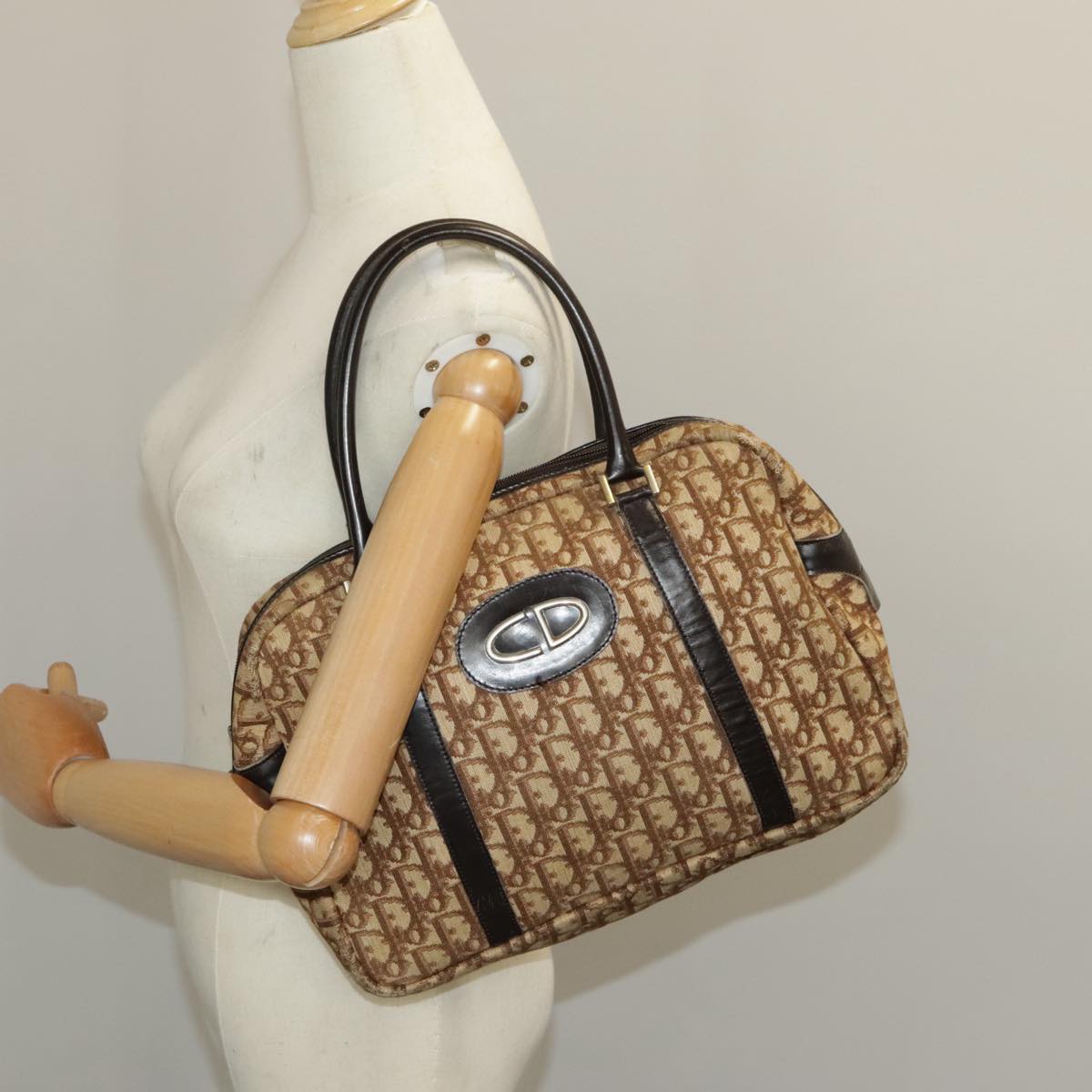 Christian Dior Trotter Canvas Hand Bag Gold Brown Auth 98828