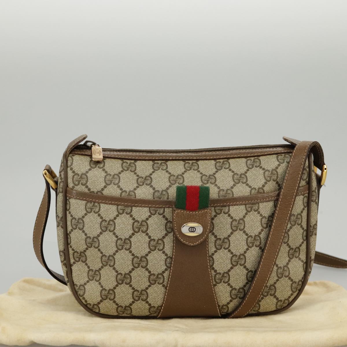 GUCCI GG Supreme Web Sherry Line Shoulder Bag PVC Beige 89 02 032 Auth 98837