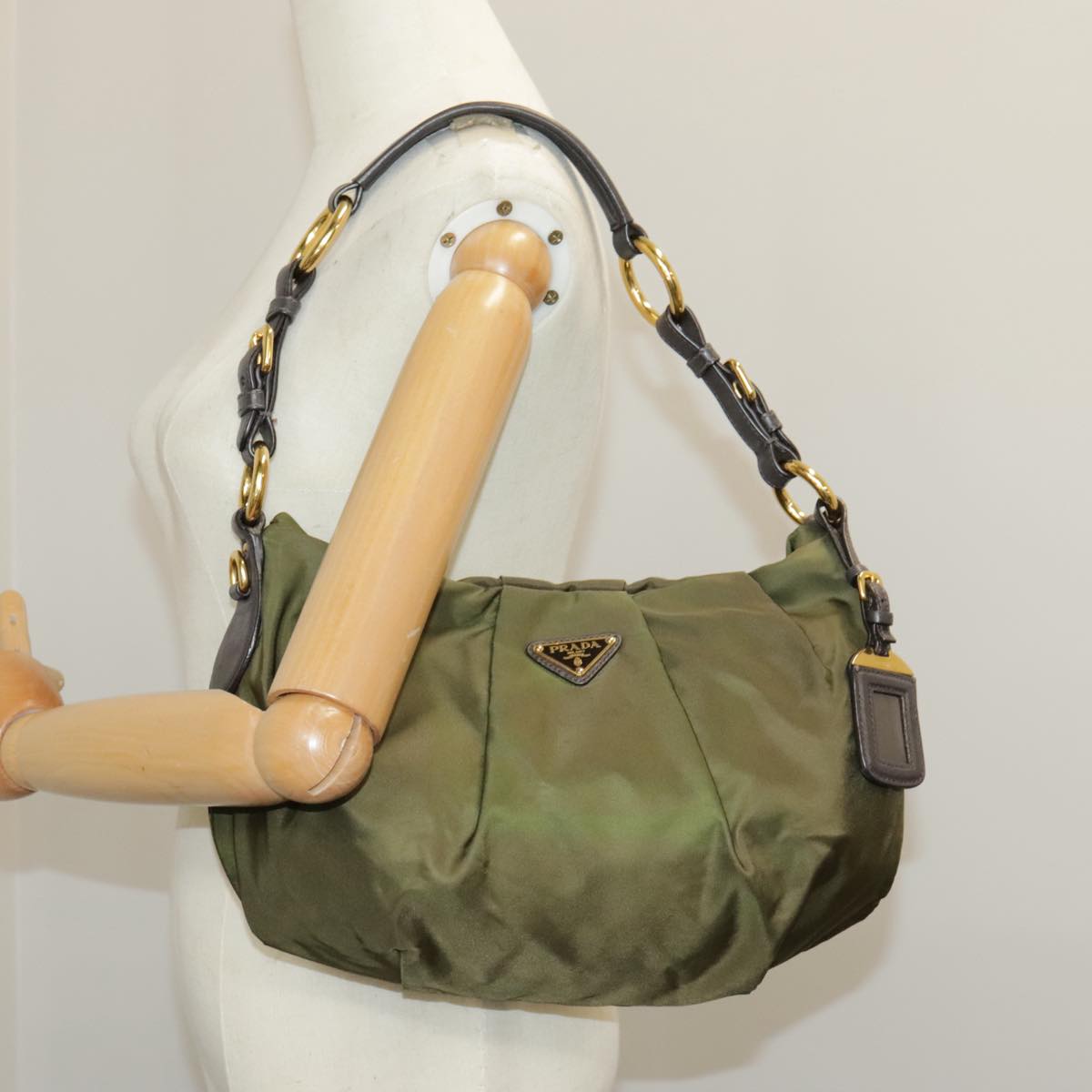 PRADA Shoulder Bag Nylon Khaki Gold Auth 98842