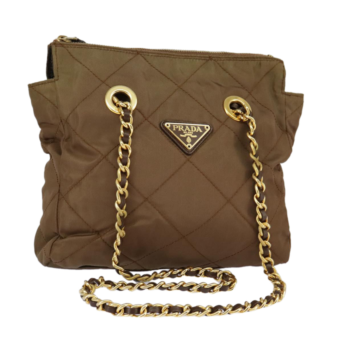 PRADA Chain Shoulder Bag Nylon Brown Gold Auth 98845