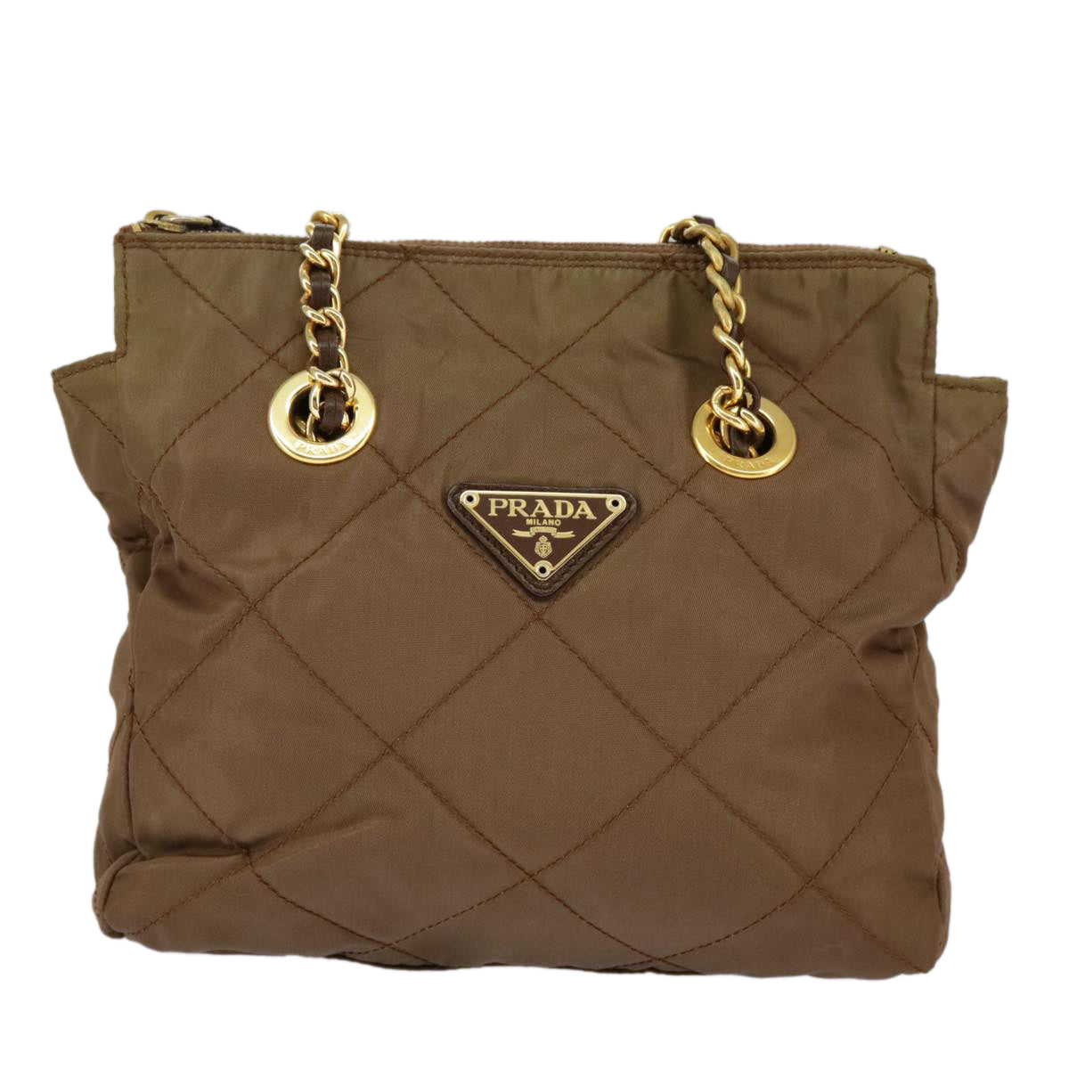 PRADA Chain Shoulder Bag Nylon Brown Gold Auth 98845 - 0