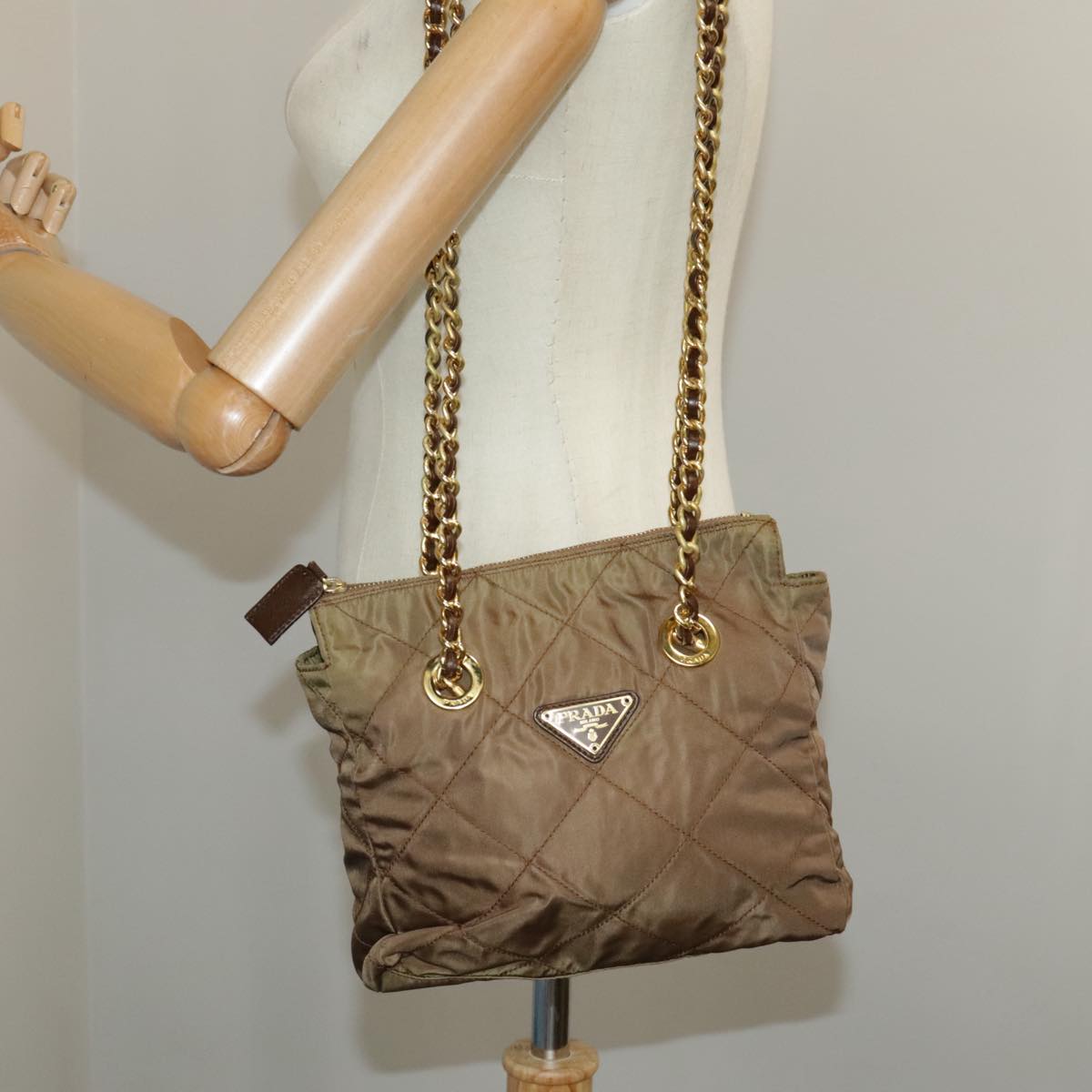 PRADA Chain Shoulder Bag Nylon Brown Gold Auth 98845