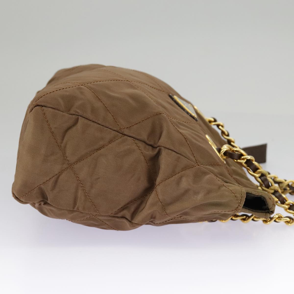 PRADA Chain Shoulder Bag Nylon Brown Gold Auth 98845