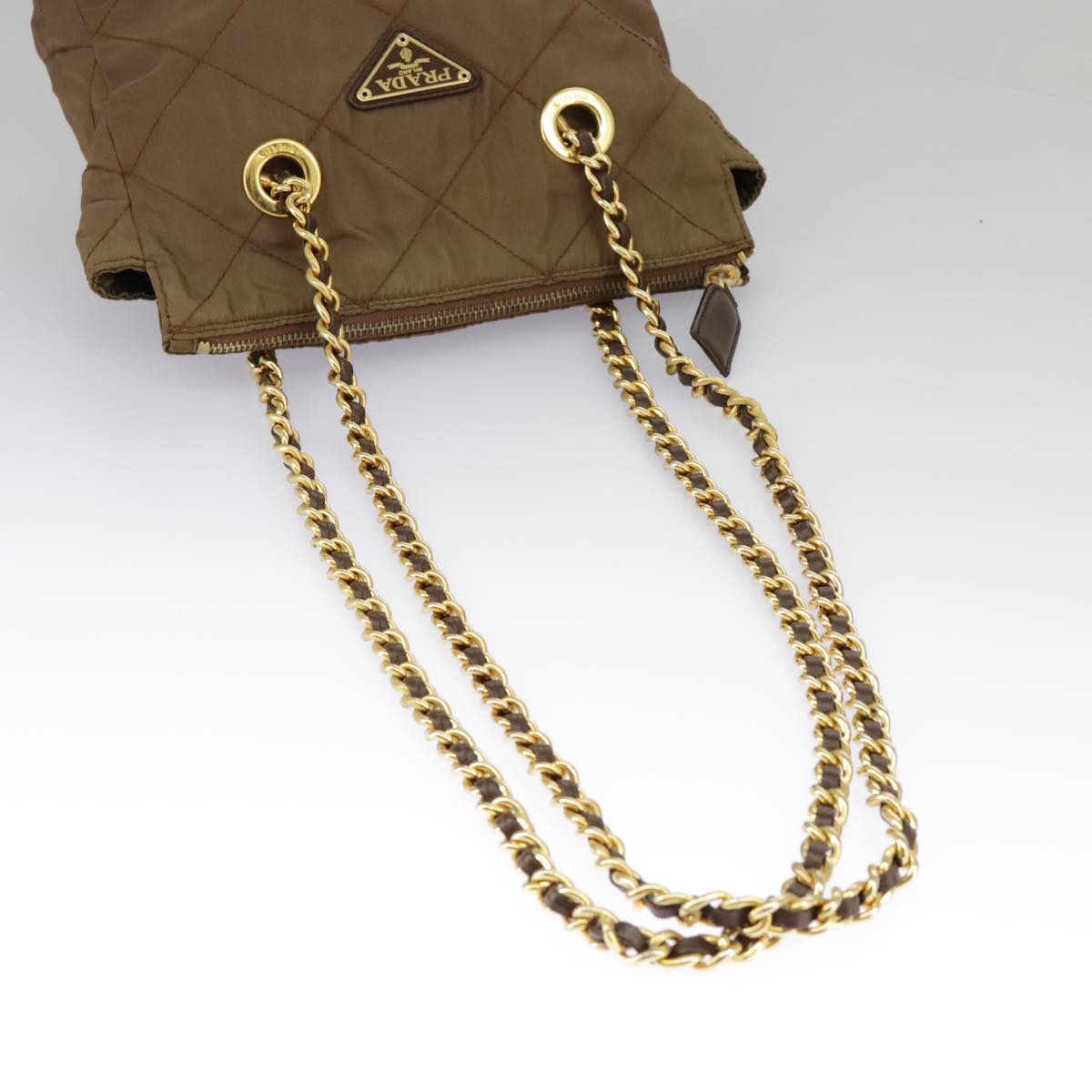 PRADA Chain Shoulder Bag Nylon Brown Gold Auth 98845