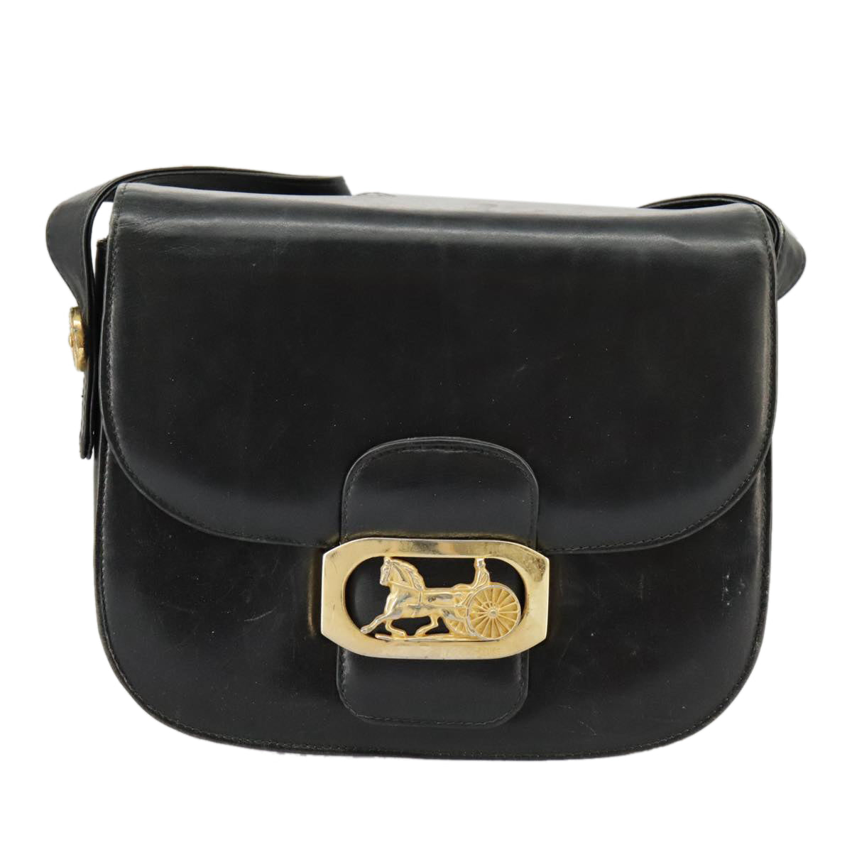 CELINE Horse Carriage Shoulder Bag Leather Black Gold Auth 98854 - 0