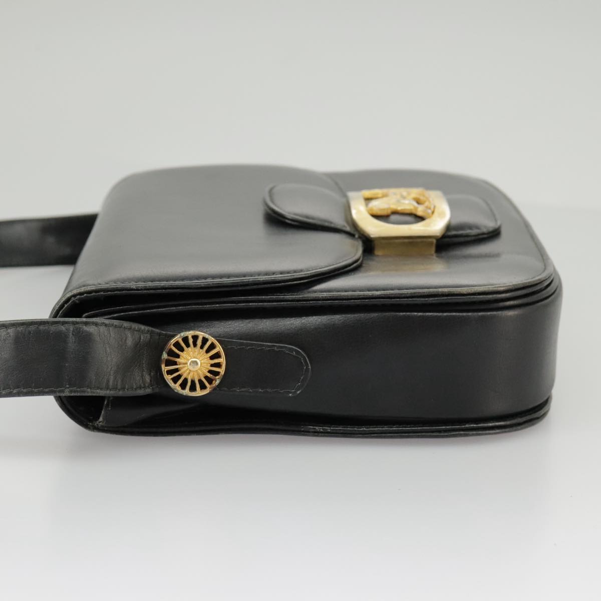 CELINE Horse Carriage Shoulder Bag Leather Black Gold Auth 98854