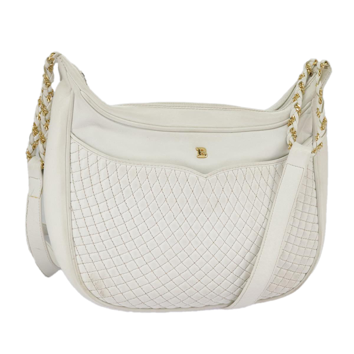 BALLY Shoulder Bag Leather White Gold Auth 98855