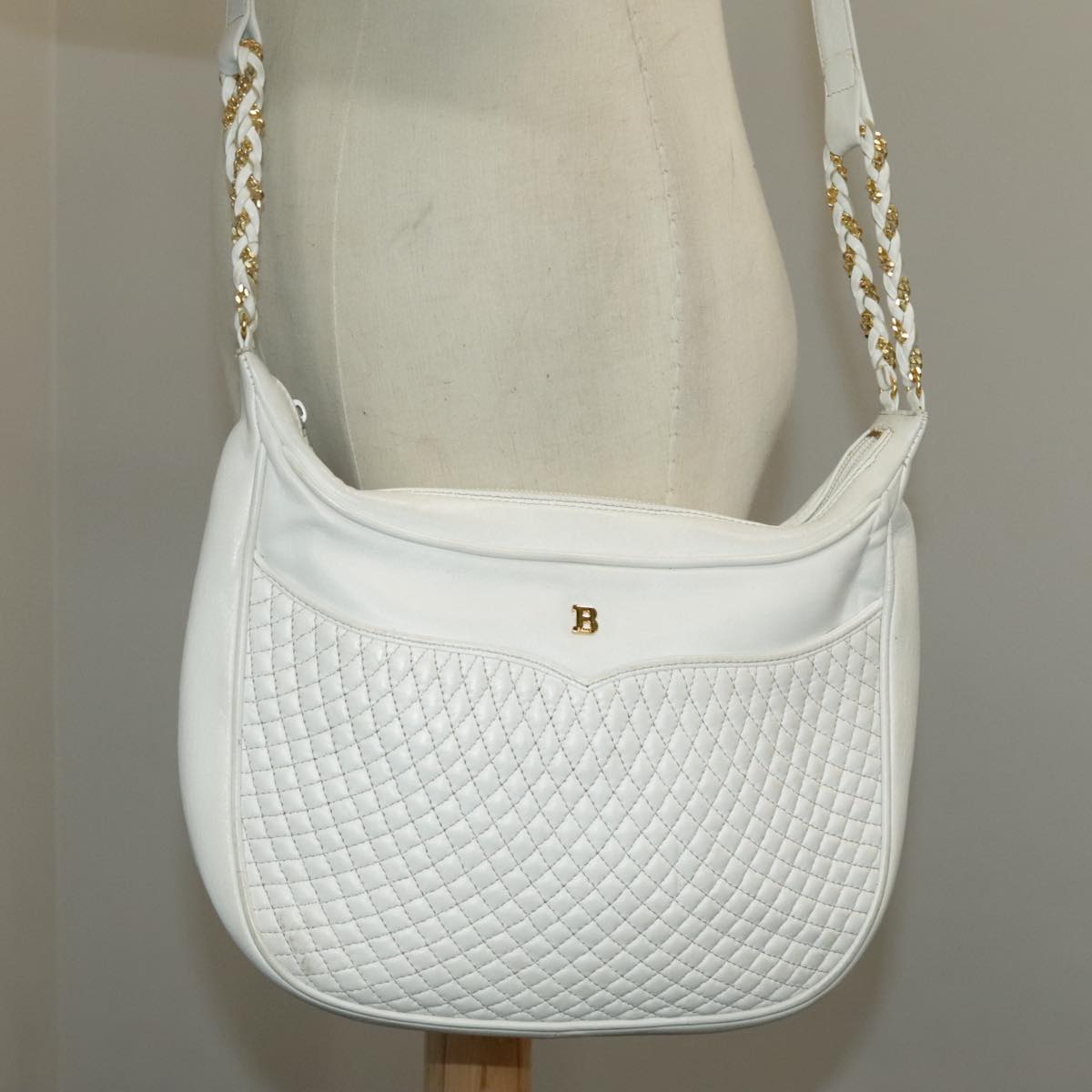 BALLY Shoulder Bag Leather White Gold Auth 98855