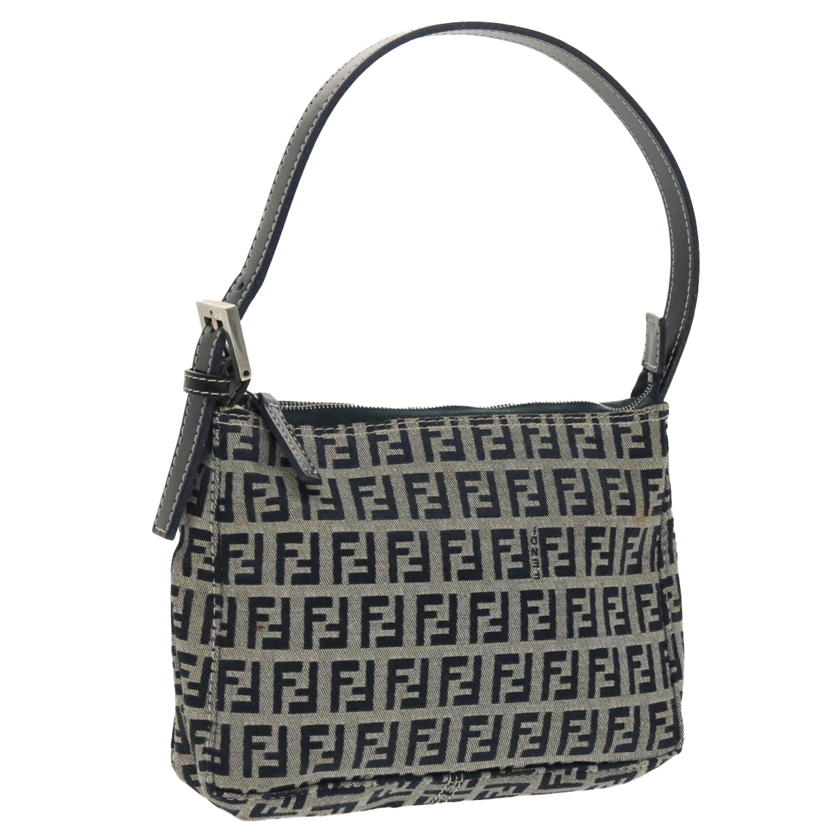 FENDI Zucchino Canvas Shoulder Bag Navy Silver Auth 98857