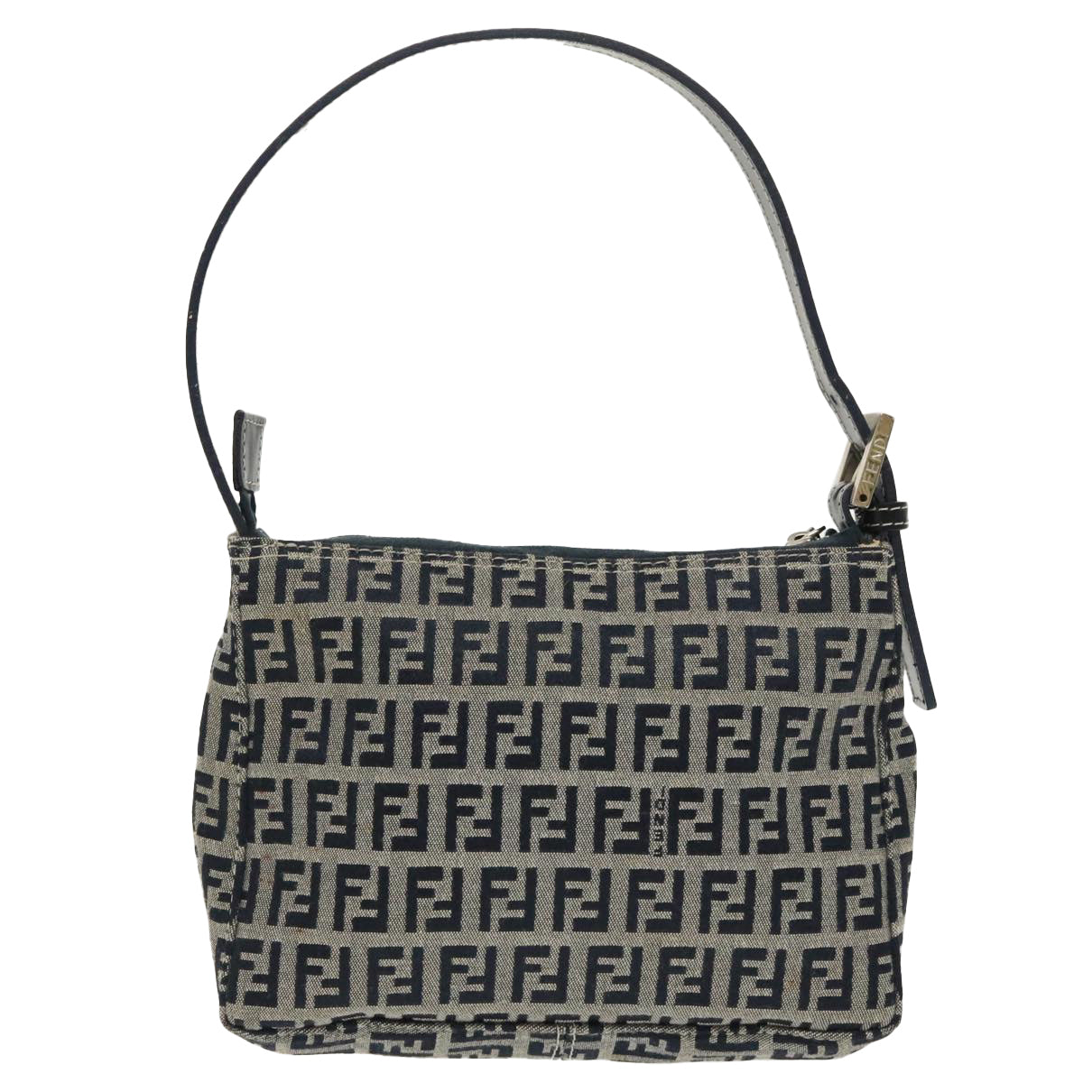 FENDI Zucchino Canvas Shoulder Bag Navy Silver Auth 98857 - 0