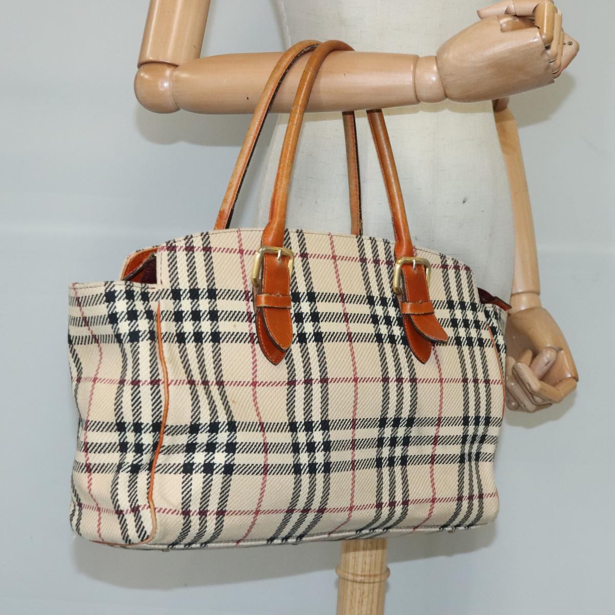 BURBERRY Nova Check Tote Bag Canvas Beige Gold Auth 98863