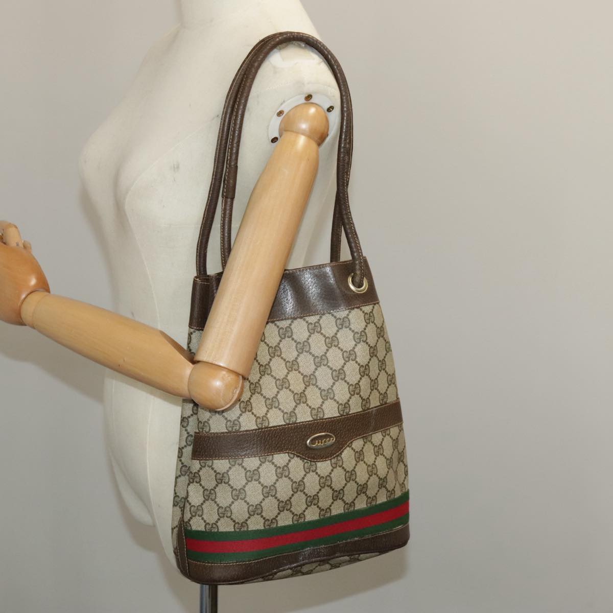 GUCCI GG Supreme Web Sherry Line Hand Bag PVC Beige Green Red Auth 98868