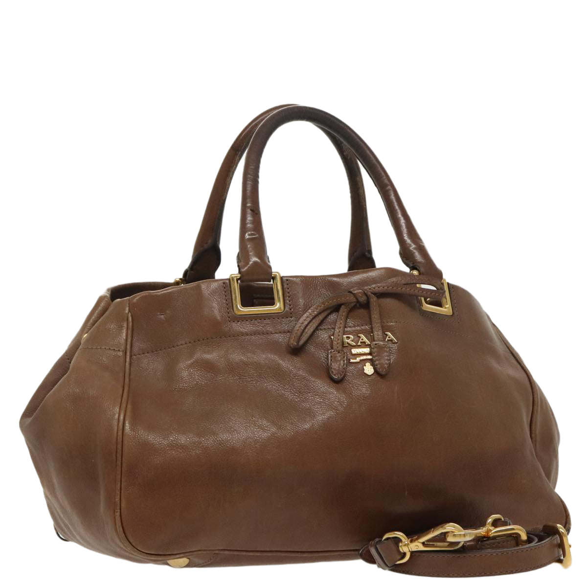 PRADA Hand Bag Leather 2way Brown Gold Auth 98880