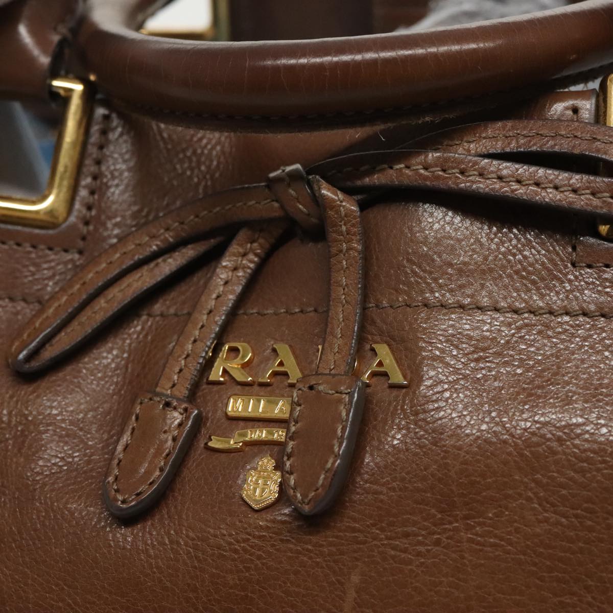 PRADA Hand Bag Leather 2way Brown Gold Auth 98880