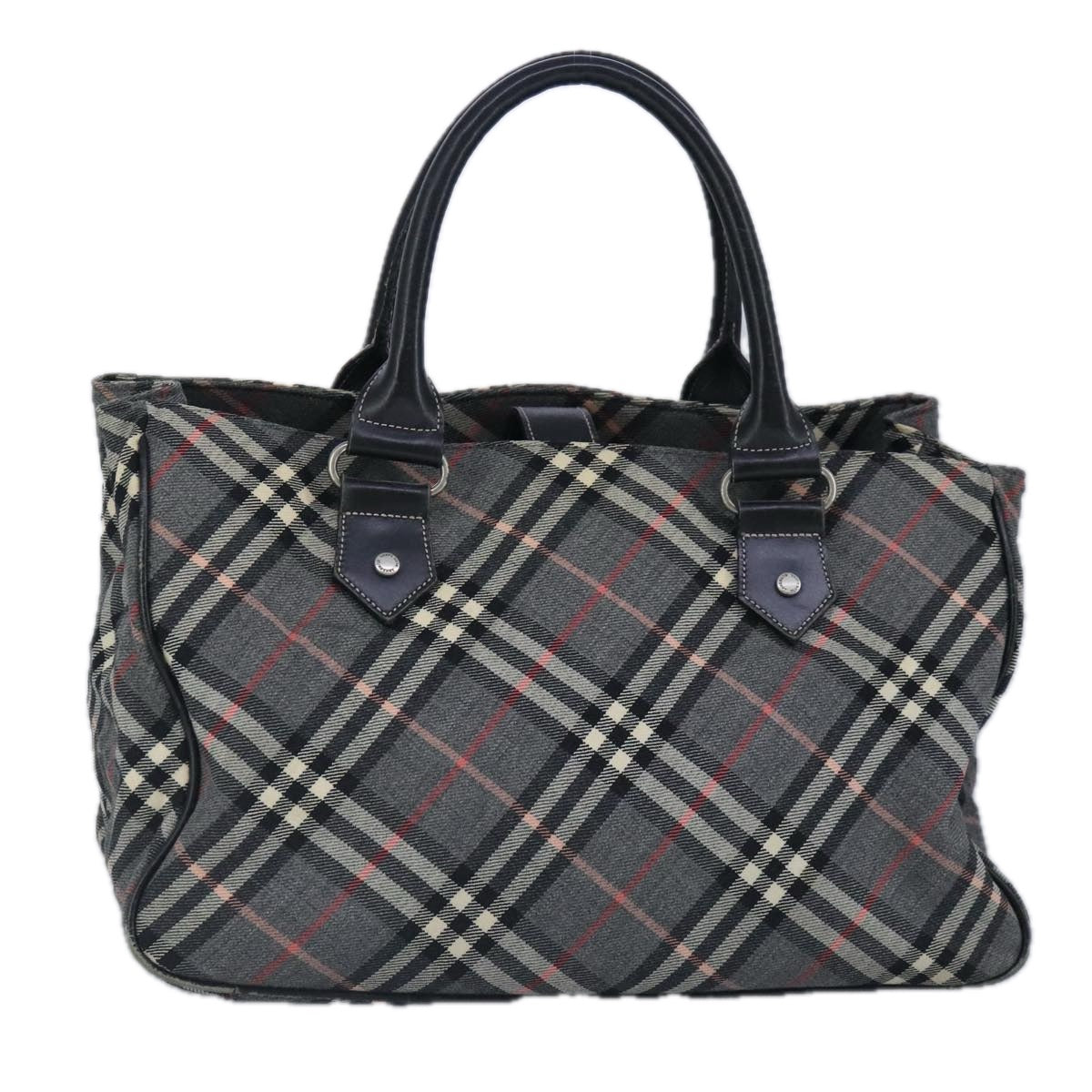 BURBERRY Nova Check Blue Label Tote Bag Canvas Gray Black Silver Auth 98918