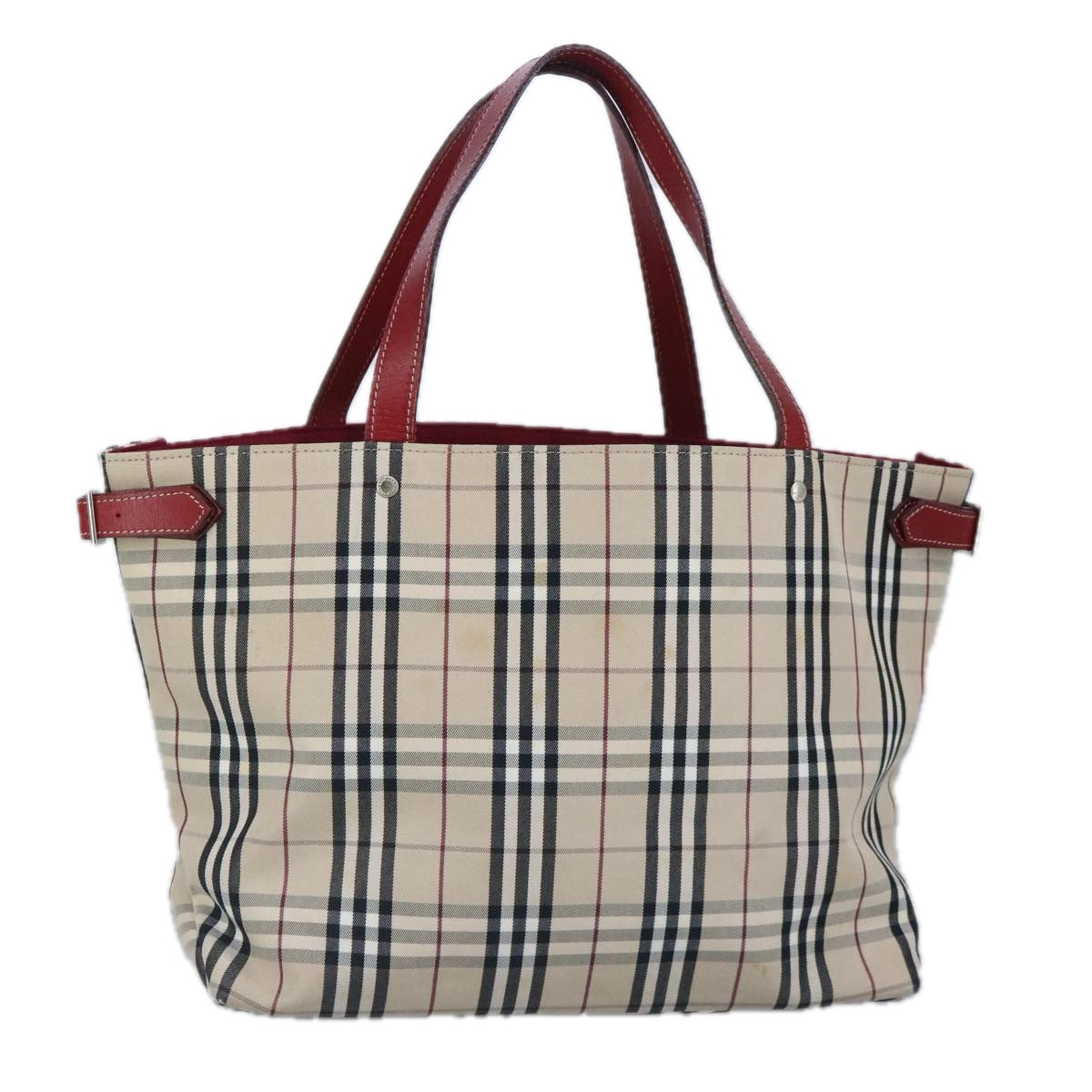 BURBERRY Nova Check Blue Label Tote Bag Canvas Beige Red Silver Auth 98920