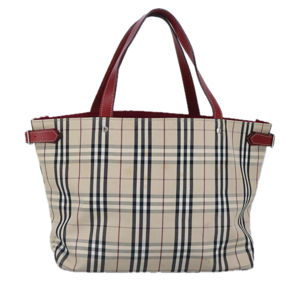 BURBERRY Nova Check Blue Label Tote Bag Canvas Beige Red Silver Auth 98920 - 0