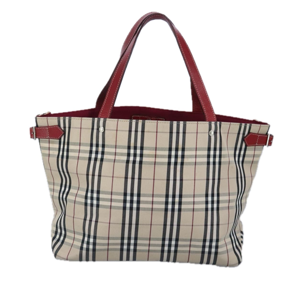 BURBERRY Nova Check Blue Label Tote Bag Canvas Beige Red Silver Auth 98920