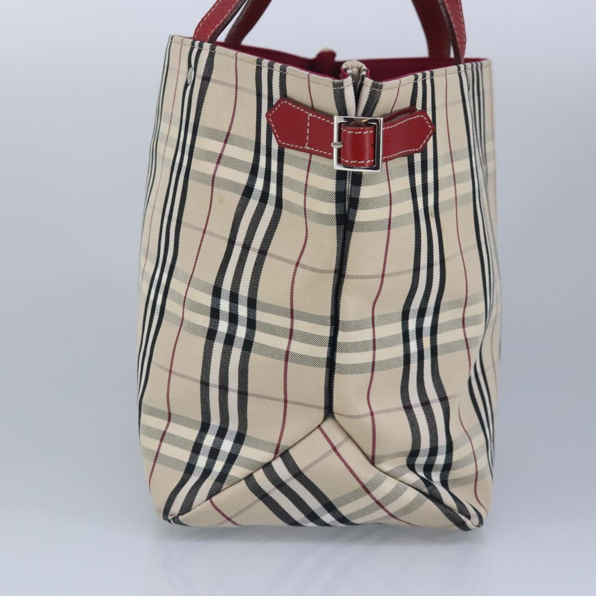 BURBERRY Nova Check Blue Label Tote Bag Canvas Beige Red Silver Auth 98920