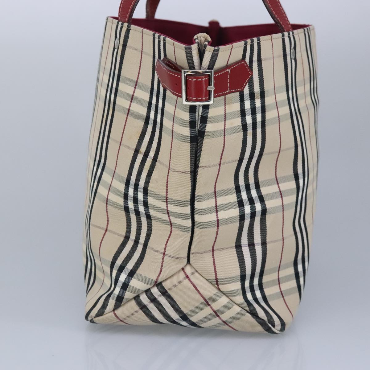 BURBERRY Nova Check Blue Label Tote Bag Canvas Beige Red Silver Auth 98920