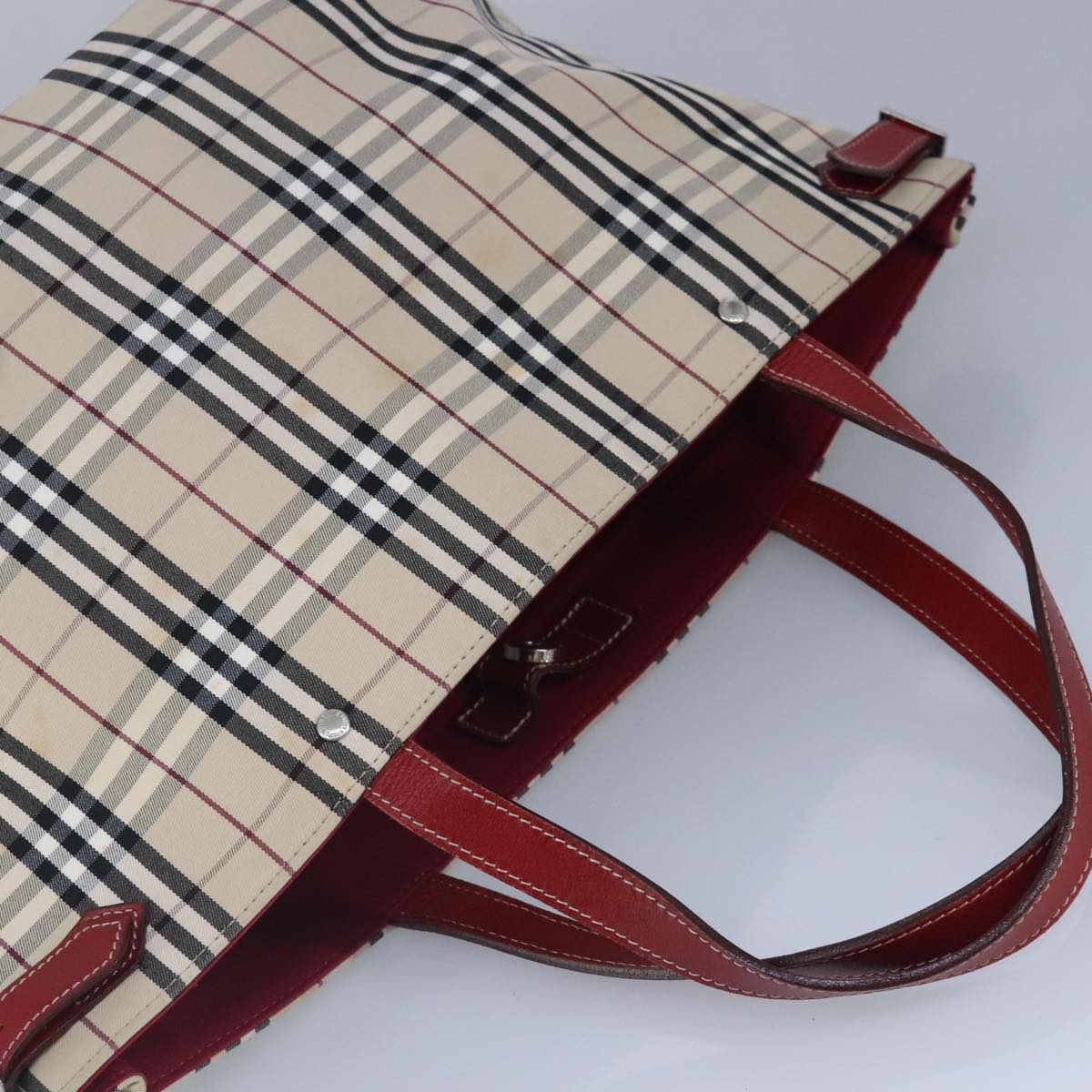 BURBERRY Nova Check Blue Label Tote Bag Canvas Beige Red Silver Auth 98920