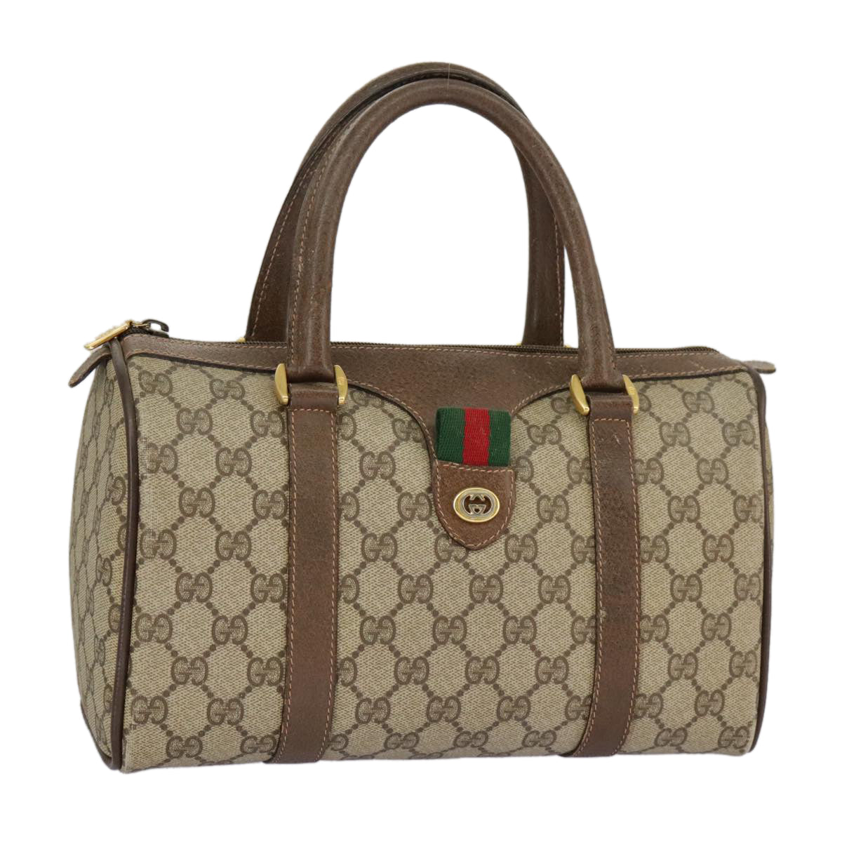 GUCCI GG Supreme Web Sherry Line Boston Bag PVC Beige Red 39 02 006 Auth 98939