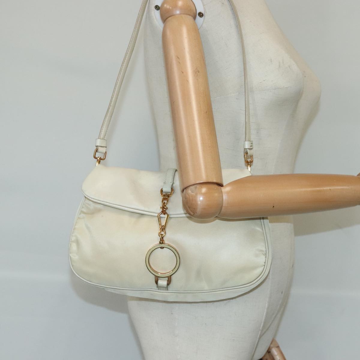 PRADA Shoulder Bag Nylon Leather Cream Gold Auth 98941