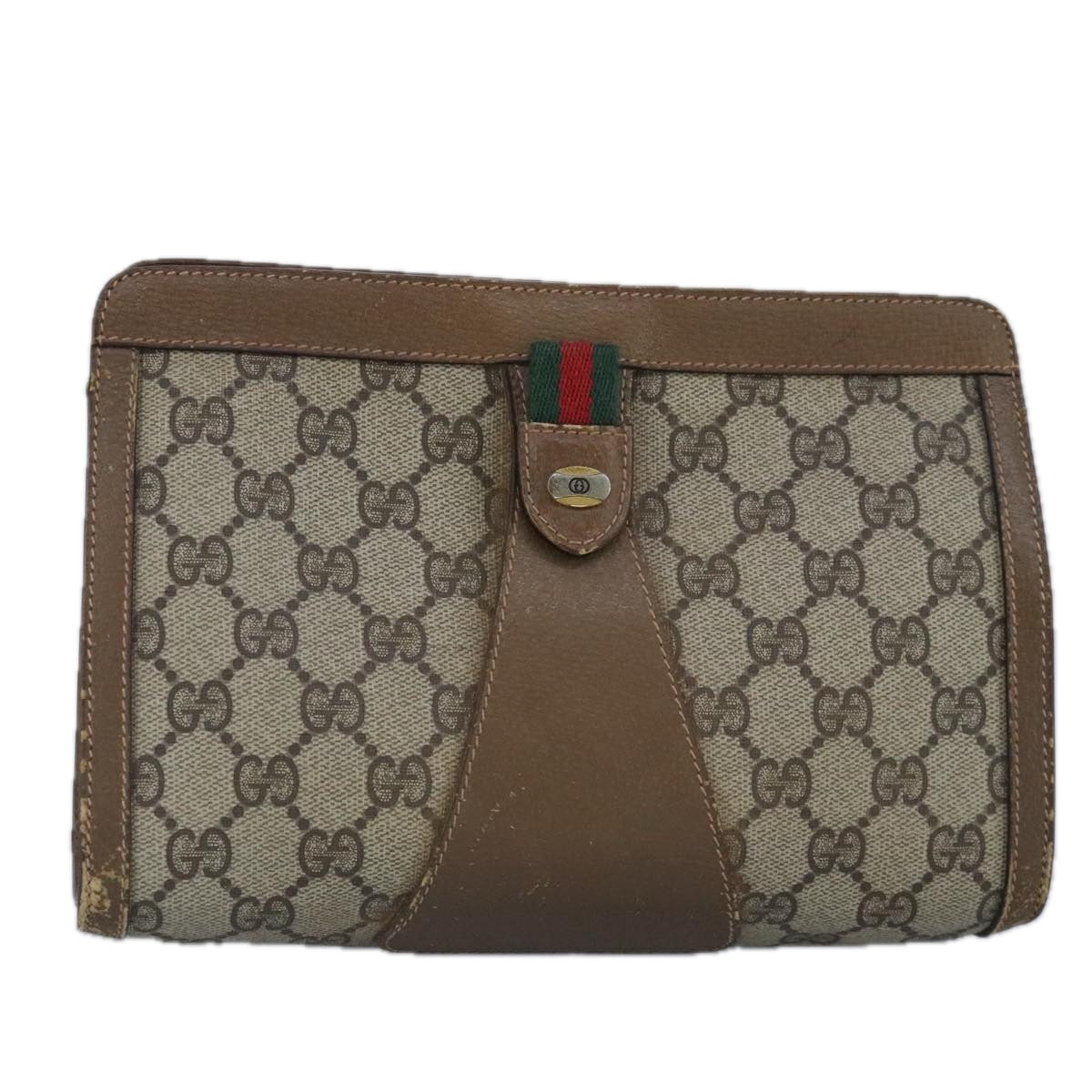 GUCCI GG Supreme Web Sherry Line Clutch Bag PVC Beige Red Auth 98953