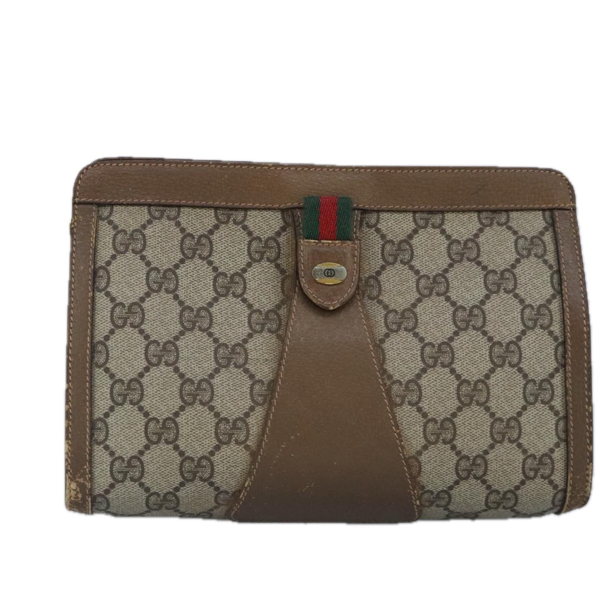 GUCCI GG Supreme Web Sherry Line Clutch Bag PVC Beige Red Auth 98953 - 0