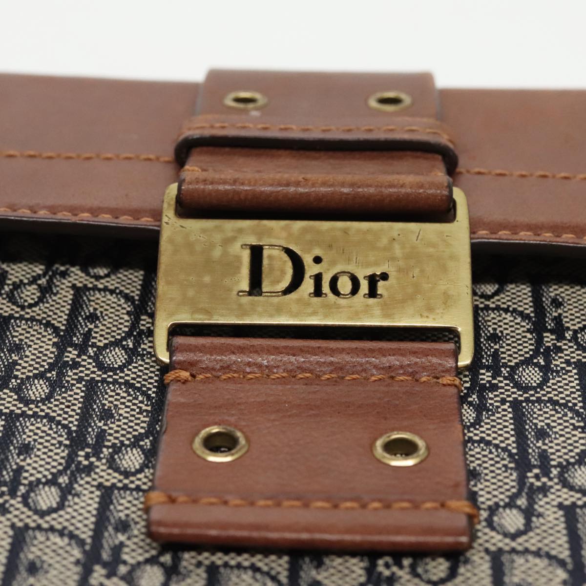 Christian Dior Trotter Canvas Shoulder Bag Navy Gold Auth 98955