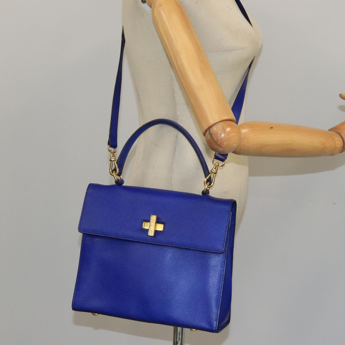 CELINE Hand Bag Leather 2way Blue Auth 98963