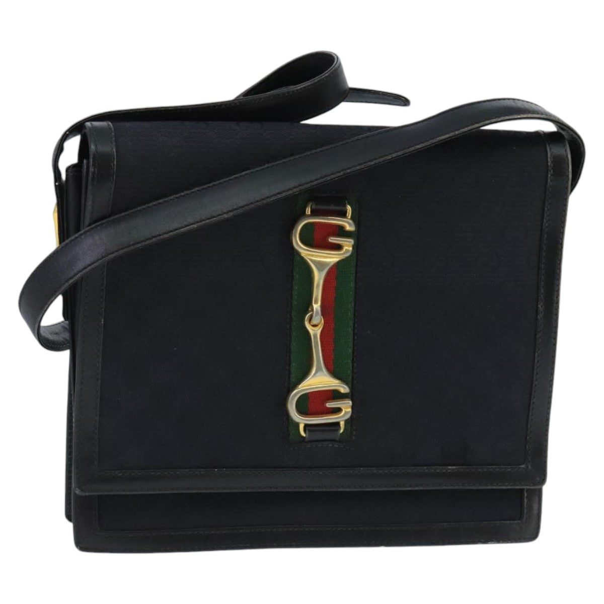 GUCCI GG Canvas Web Sherry Line Horsebit Shoulder Bag Black Red Green Auth 98979