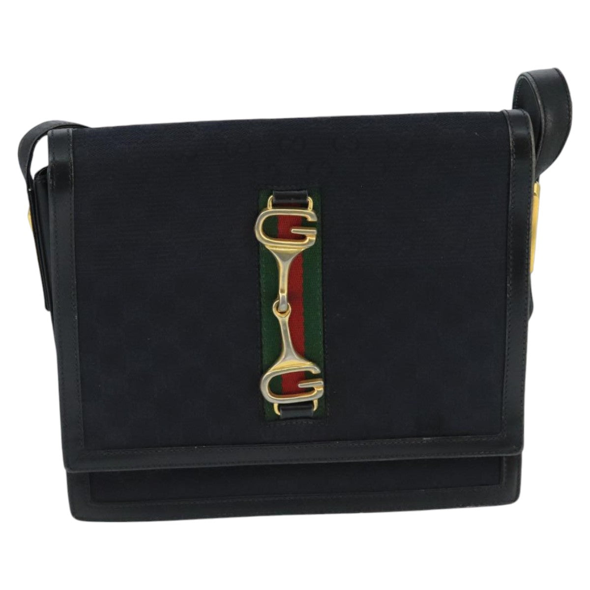 GUCCI GG Canvas Web Sherry Line Horsebit Shoulder Bag Black Red Green Auth 98979 - 0