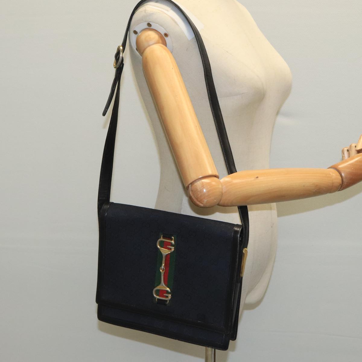 GUCCI GG Canvas Web Sherry Line Horsebit Shoulder Bag Black Red Green Auth 98979